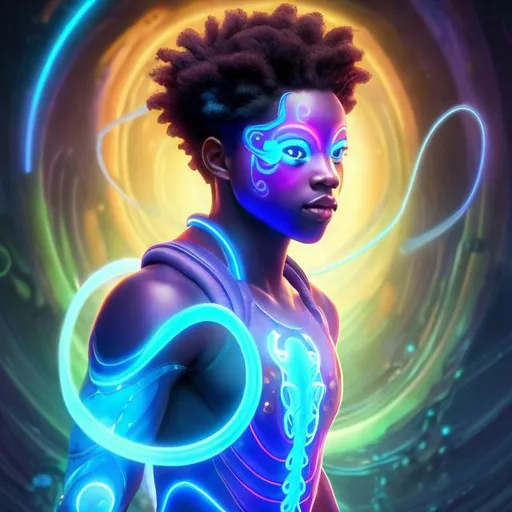 Prompt: whole body, realistic digital art, young male Atlantean, floating in the deep sea wearing cobalt and tech pirate, a cosmic insignia glowing on face, using cosmic powers,  waist up, flying, afro American, hair is made from a neon jelly fish, light stubble, using powers , dark skin, handsome, beautiful cosmic eyes,  flying pose,a stunning Donato Giancola masterpiece in fantasy nouveau artstyle by Anders Zorn and Joseph Christian Leyendecker , neat and clear tangents full of negative space , ominous dramatic lighting with macabre somber shadows and highlights enhancing depth of perspective and 3D volumetric drawing , colorful vibrant painting in HDR with shiny shimmering reflections and intricate detailed ambient occlusion