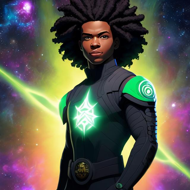 Prompt: whole body, realistic digital art, young male mutant, floating in the air, waring emerald and space punk, a cosmic insignia glowing on face, using cosmic powers,  waist up, posing, afro American, black hair, long dreads, his hair is shorter on the sides, light stubble, using powers , dark skin, handsome, beautiful cosmic eyes,  flying pose,