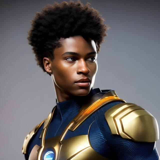 Prompt: waist up, realistic digital art, young male super hero, waring gold super hero suit, a gold tattoo glowing on face, using powers,  waist up, posing, afro American, black hair, long dreads, his hair is shorter on the sides, light stubble, two piece suit , dark skin, handsome, beautiful glowing eyes, 