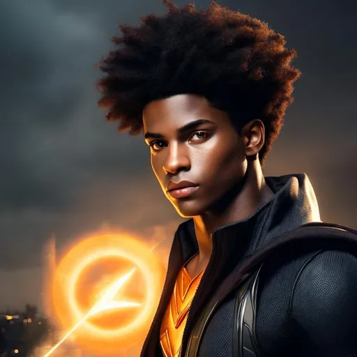 Prompt: portrait, realistic digital art, young male super hero, casting spells, waist up, afro American, black hair, dreads, his hair is shorter on the sides, light stubble, two piece suit , dark skin, handsome, beautiful glowing eyes, 