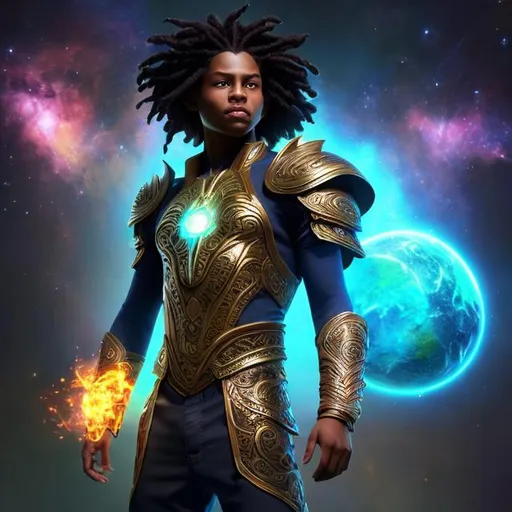 Prompt: whole body, realistic digital art, young male Atlantean, floating in the air, waring space pirate outfit, a cosmic insignia glowing on face, using cosmic powers,  waist up, flying, afro American, black hair, long dreads, his hair is shorter on the sides, light stubble, using powers , dark skin, handsome, beautiful cosmic eyes,  flying pose,