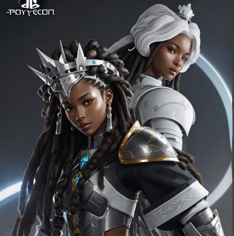 Prompt:  black woman with dreads,PlayStation 5 controller as a future armor, armor is made of white marble, white crown with PlayStation logo, ,