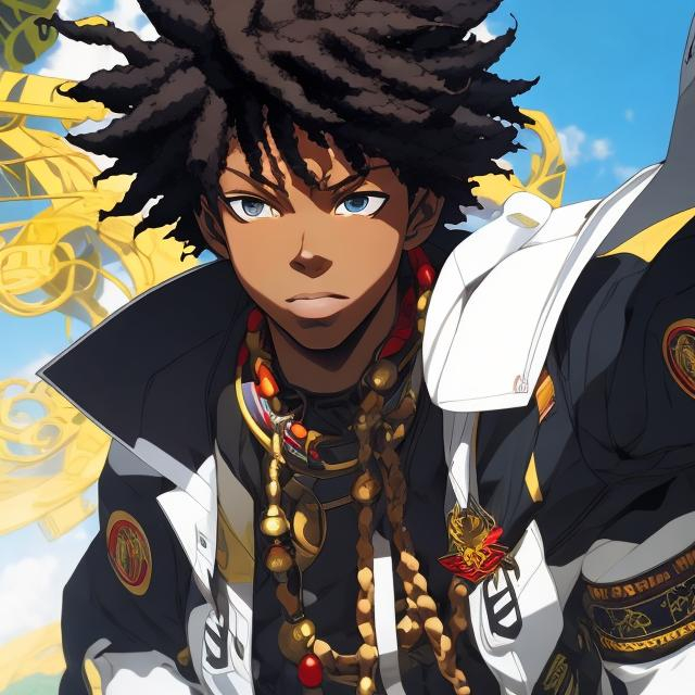 Prompt: black young male with dreads, hansome, beard stub, art style by
Masayoshi Suto and Shigenori Soejima, persona 5 art style,