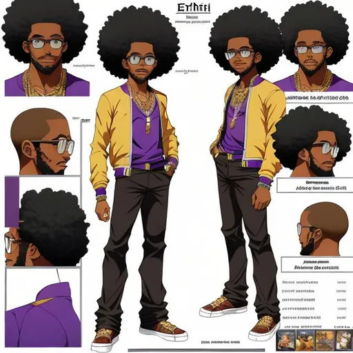 Prompt: 
reference , anatomy type chart for character sheet , afro american young male with long dreads, glasses, handsome, clear beautiful face, beard stub,  5 o'clock shadow, purple clothes art style by Eiichiro Oda


