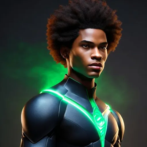 Prompt: waist up, realistic digital art, young male mutant, waring emerald and flower super hero suit, a flower insignia glowing on face, using flower powers,  waist up, posing, afro American, black hair, long dreads, his hair is shorter on the sides, light stubble, two piece suit , dark skin, handsome, beautiful glowing eyes,  