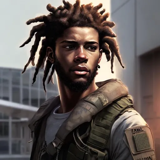 Prompt: portrait, realistic digital art, young male, waist up, afro American, black hair, dreads, his hair is shorter on the sides, light stubble, modern tactical clothing, rosy skin undertone, handsome, background is an airport