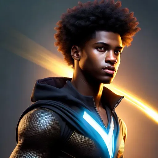 Prompt: portrait, realistic digital art, young male super hero, casting spells, waist up, afro American, black hair, dreads, his hair is shorter on the sides, light stubble, two piece suit , dark skin, handsome, beautiful glowing eyes, 