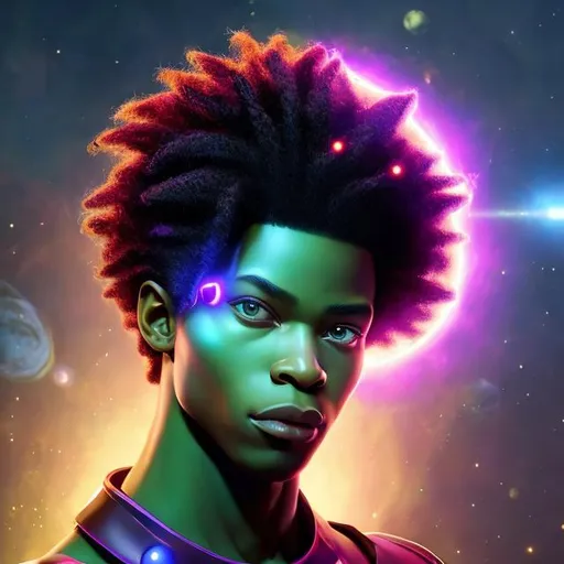 Prompt: whole body, realistic digital art, young male mutant, floating in the air, waring emerald and space punk, a cosmic insignia glowing on face, using cosmic powers,  waist up, posing, afro American, black hair, long dreads, his hair is shorter on the sides, light stubble, using powers , dark skin, handsome, beautiful cosmic eyes,  flying pose,