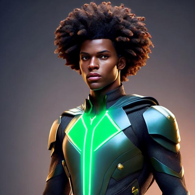 Prompt: waist up, realistic digital art, young male mutant, waring emerald and flower super hero suit, a flower insignia glowing on face, using flower powers,  waist up, posing, afro American, black hair, long dreads, his hair is shorter on the sides, light stubble, two piece suit , dark skin, handsome, beautiful glowing eyes,  
