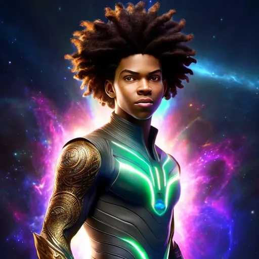 Prompt: whole body, realistic digital art, young male Atlantean, floating in the air, waring neos and space pirate, a cosmic insignia glowing on face, using cosmic powers,  waist up, flying, afro American, black hair, long dreads, his hair is shorter on the sides, light stubble, using powers , dark skin, handsome, beautiful cosmic eyes,  flying pose,