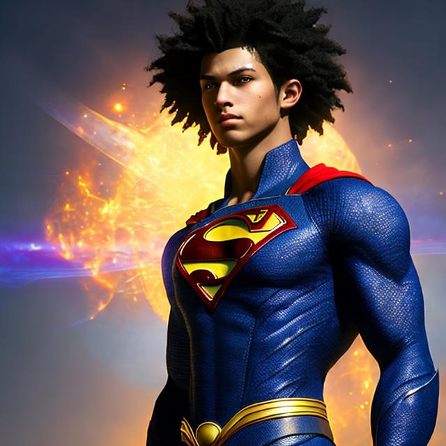 Prompt: whole body, realistic digital art, young male, floating in the air, superman pose, waring a final fantasy  outfit, a cosmic insignia glowing on face, using cosmic powers,  waist up, flying, afro American, black hair, long dreads, his hair is shorter on the sides, light stubble, using powers , dark skin, handsome, beautiful cosmic eyes,  flying pose,