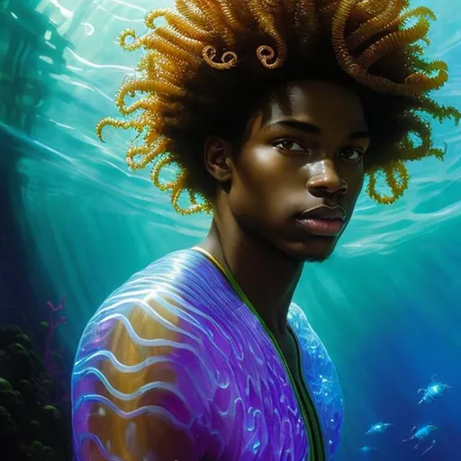 Prompt: afro american young man, underwater,  wearing a neon glowing jelly fish, Atlantean ,  super hero, stunning Donato Giancola masterpiece in fantasy nouveau artstyle by Anders Zorn and Joseph Christian Leyendecker , neat and clear tangents full of negative space , ominous dramatic lighting with macabre