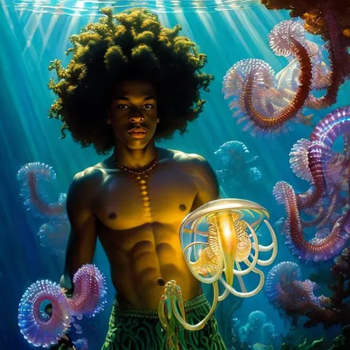 Prompt: afro american young man, underwater,  wearing a glowing jelly fish, Atlantean , stunning Donato Giancola masterpiece in fantasy nouveau artstyle by Anders Zorn and Joseph Christian Leyendecker , neat and clear tangents full of negative space , ominous dramatic lighting with macabre