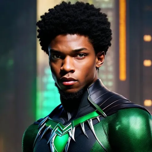 Prompt: waist up, realistic digital art, young male mutant, waring emerald and black panther super hero suit, a glowing insignia glowing on face, using emerald powers,  waist up, posing, afro American, black hair, long slick, his hair is shorter on the sides, light stubble, using powers , dark skin, handsome, beautiful green glowing eyes,  super hero pose,