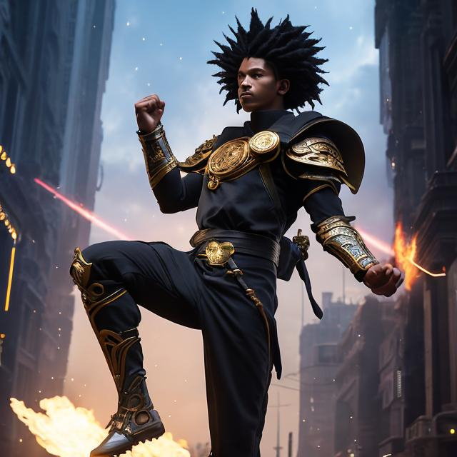 Prompt: whole body, realistic digital art, young male, floating in the air, fighting pose, waring a final fantasy  outfit, a cosmic insignia glowing on face, using cosmic powers,  waist up, flying, afro American, black hair, long dreads, his hair is shorter on the sides, light stubble, using powers , dark skin, handsome, beautiful cosmic eyes,  flying pose,