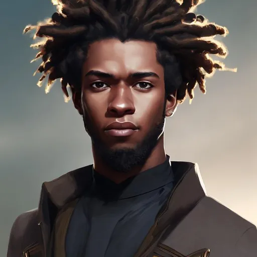 Prompt: portrait, realistic digital art, young male, waist up, afro American, black hair, dreads, his hair is shorter on the sides, light stubble, two piece suit , dark skin, handsome, background is an airport