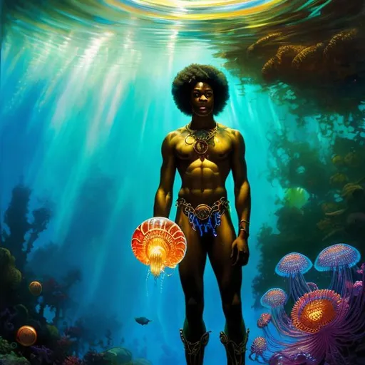 Prompt: afro american young man, underwater,  wearing a glowing jelly fish, Atlantean ,  super hero, stunning Donato Giancola masterpiece in fantasy nouveau artstyle by Anders Zorn and Joseph Christian Leyendecker , neat and clear tangents full of negative space , ominous dramatic lighting with macabre