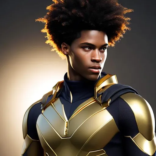Prompt: waist up, realistic digital art, young male super hero, waring gold super hero suit, a gold tattoo glowing on face, using powers,  waist up, posing, afro American, black hair, long dreads, his hair is shorter on the sides, light stubble, two piece suit , dark skin, handsome, beautiful glowing eyes, 