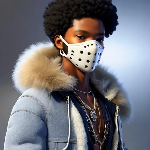 Prompt: whole body, realistic digital art, young afro american  male, with glossy skin,  wearing a clear see through bird Plague doctor mask, standing in the  frozen tundra, has snow white dreads on his head with an opal gloss, has snow white eyebrows with an opal gloss, has snow white lips with an opal gloss, wearing a snow vest with white fur, abbs exposed,  a white opal cosmic insignia glowing on face, using cosmic powers,  waist up,   light stubble, using powers , dark skin, handsome, beautiful cosmic eyes,  flying pose,a stunning Donato Giancola masterpiece in fantasy nouveau artstyle by Masayoshi Suto and Shigenori Soejima, neat and clear tangents full of negative space , ominous dramatic lighting with macabre somber shadows and highlights enhancing depth of perspective and 3D volumetric drawing , colorful vibrant painting in 