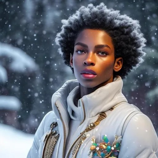 Prompt: whole body, realistic digital art, young afro american  male, with glossy skin,  wearing a clear see through bird Plague doctor mask, standing in the  frozen tundra, has snow white dreads on his head with an opal gloss, has snow white eyebrows with an opal gloss, has snow white lips with an opal gloss, wearing a snow vest with white fur, abbs exposed,  a white opal cosmic insignia glowing on face, using cosmic powers,  waist up,   light stubble, using powers , dark skin, handsome, beautiful cosmic eyes,  flying pose,a stunning Donato Giancola masterpiece in fantasy nouveau artstyle by Anders Zorn and Joseph Christian Leyendecker , neat and clear tangents full of negative space , ominous dramatic lighting with macabre somber shadows and highlights enhancing depth of perspective and 3D volumetric drawing , colorful vibrant painting in HDR with shiny shimmering reflections and intricate detailed ambient occlusion