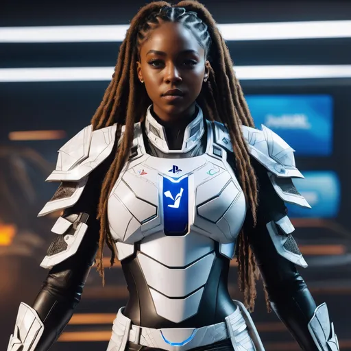 Prompt: PlayStation 5 as a future armor, armor is made of white marble, white crown with PlayStation logo, black woman with dreads, fighting pose,