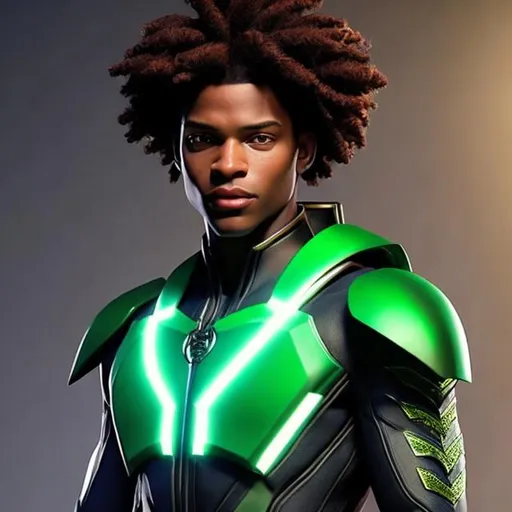 Prompt: waist up, realistic digital art, young male mutant, waring emerald and flower super hero suit, a flower insignia glowing on face, using flower powers,  waist up, posing, afro American, black hair, long dreads, his hair is shorter on the sides, light stubble, using powers , dark skin, handsome, beautiful glowing eyes,  super hero pose,