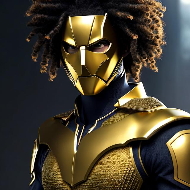 Prompt: waist up, realistic digital art, young male super hero, waring gold super hero suit, wearing a gold mask on face, using powers,  waist up, posing, afro American, black hair, long dreads, his hair is shorter on the sides, light stubble, two piece suit , dark skin, handsome, beautiful glowing eyes, 