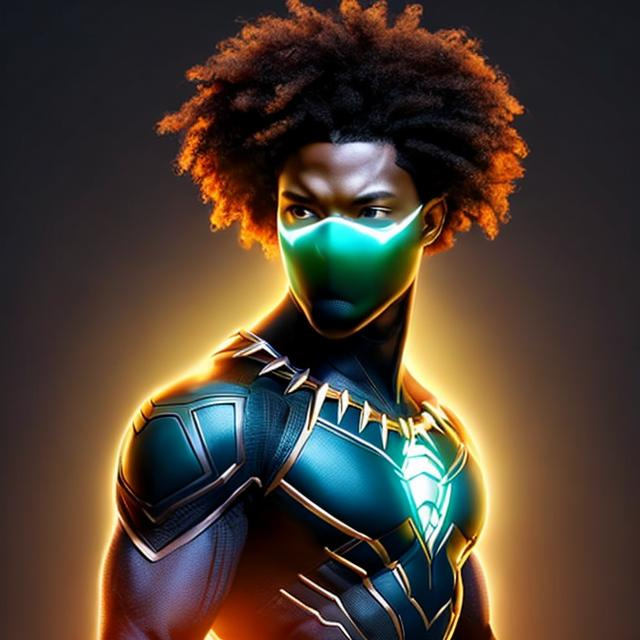 Prompt: waist up, realistic digital art, young male mutant, waring emerald and black panther super hero suit, a flower insignia glowing on face, using flower powers,  waist up, posing, afro American, black hair, long dreads, his hair is shorter on the sides, light stubble, using powers , dark skin, handsome, beautiful glowing eyes,  super hero pose,