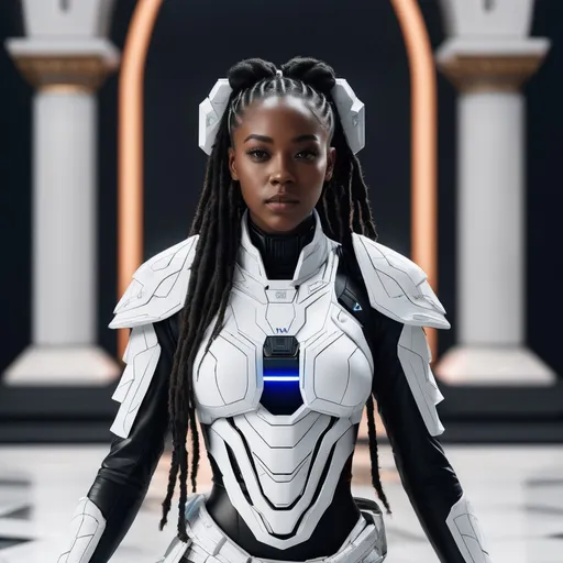 Prompt: PlayStation 5 as a future armor, armor is made of white marble, black woman with dreads