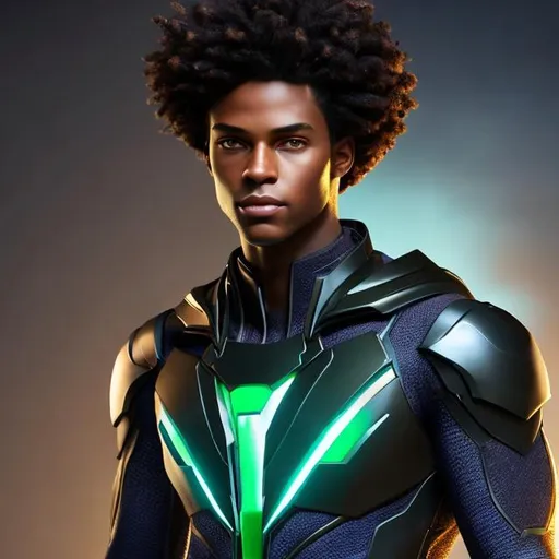 Prompt: waist up, realistic digital art, young male super hero, waring emerald super hero suit, a flower insignia glowing on face, using powers,  waist up, posing, afro American, black hair, long dreads, his hair is shorter on the sides, light stubble, two piece suit , dark skin, handsome, beautiful glowing eyes, 