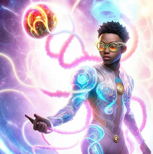 Prompt: whole body, realistic digital art, young male Atlantean, wearing glasses, floating in the deep sea wearing cobalt and tech pirate, a cosmic insignia glowing on face, using cosmic powers,  waist up, flying, afro American, hair is made from a neon jelly fish, light stubble, using powers , dark skin, handsome, beautiful cosmic eyes,  flying pose,a stunning Donato Giancola masterpiece in fantasy nouveau artstyle by Anders Zorn and Joseph Christian Leyendecker , neat and clear tangents full of negative space , ominous dramatic lighting with macabre somber shadows and highlights enhancing depth of perspective and 3D volumetric drawing , colorful vibrant painting in HDR with shiny shimmering reflections and intricate detailed ambient occlusion