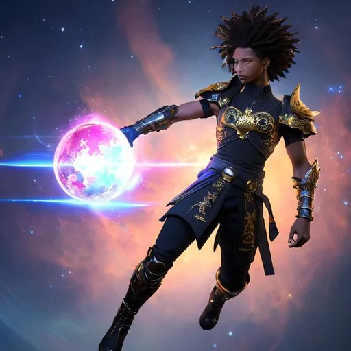 Prompt: whole body, realistic digital art, young male, floating in the air, fighting pose, waring a final fantasy  outfit, a cosmic insignia glowing on face, using cosmic powers,  waist up, flying, afro American, black hair, long dreads, his hair is shorter on the sides, light stubble, using powers , dark skin, handsome, beautiful cosmic eyes,  flying pose,