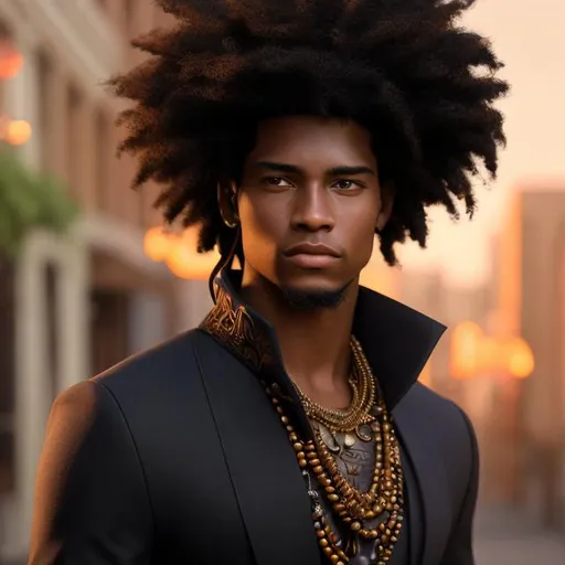 Prompt: portrait, realistic digital art, young male mage, waist up, afro American, black hair, dreads, his hair is shorter on the sides, light stubble, two piece suit , dark skin, handsome, casting spells