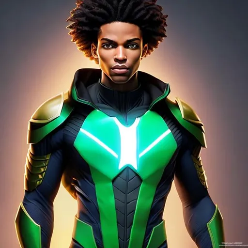 Prompt: waist up, realistic digital art, young male mutant, waring emerald super hero suit, a flower insignia glowing on face, using flower powers,  waist up, posing, afro American, black hair, long dreads, his hair is shorter on the sides, light stubble, two piece suit , dark skin, handsome, beautiful glowing eyes, 