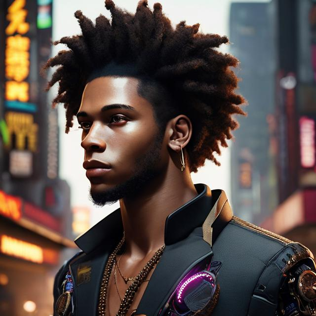 Prompt: portrait, realistic digital art, young male, waist up, afro American, black hair, dreads, his hair is shorter on the sides, light stubble, two piece suit , dark skin, handsome, cyberpunk