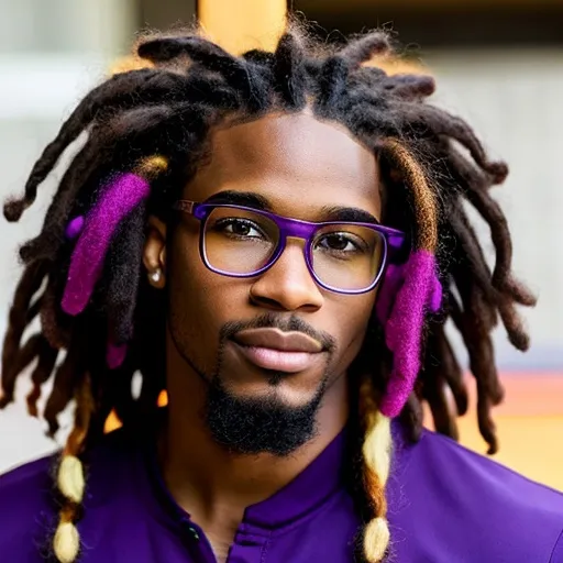 Prompt:  afro american young male with dreads, glasses, handsome, clear beautiful face, beard stub,  5 o'clock shadow, purple clothes, punching

