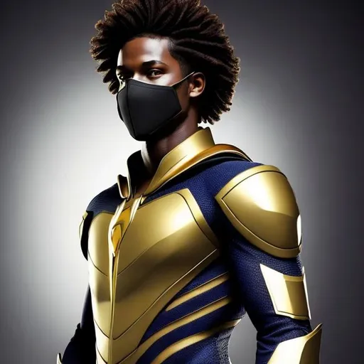 Prompt: waist up, realistic digital art, young male super hero, waring gold super hero suit, wearing a gold mask on face, using powers,  waist up, posing, afro American, black hair, long dreads, his hair is shorter on the sides, light stubble, two piece suit , dark skin, handsome, beautiful glowing eyes, 