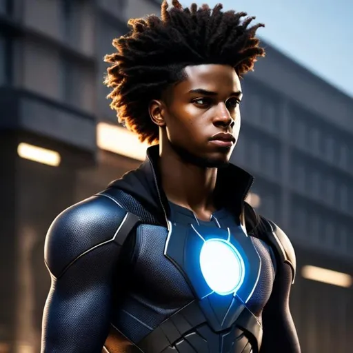 Prompt: waist up, realistic digital art, young male super hero,  waist up, posing, afro American, black hair, dreads, his hair is shorter on the sides, light stubble, two piece suit , dark skin, handsome, beautiful glowing eyes, 