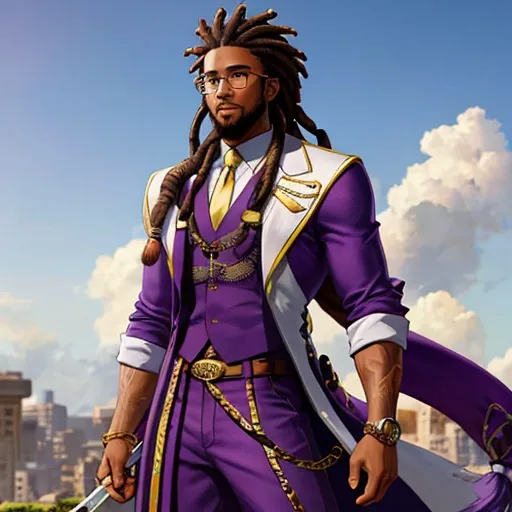 Prompt: afro American young male with dreads, glasses, handsome, clear beautiful face, beard stub, 5 o'clock shadow, purple clothes, final fantasy cover art stlye,
