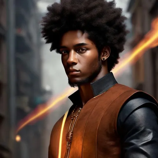 Prompt: portrait, realistic digital art, young male mage, casting spells, waist up, afro American, black hair, dreads, his hair is shorter on the sides, light stubble, two piece suit , dark skin, handsome, beautiful glowing eyes, 