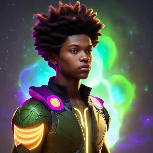 Prompt: whole body, realistic digital art, young male mutant, floating in the air, waring emerald and space punk, a flower insignia glowing on face, using flower powers,  waist up, posing, afro American, black hair, long dreads, his hair is shorter on the sides, light stubble, using powers , dark skin, handsome, beautiful glowing eyes,  flying pose,