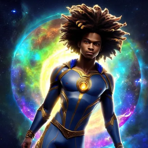 Prompt: whole body, realistic digital art, young male Atlantean, floating in the air, waring cobalt and space pirate, a cosmic insignia glowing on face, using cosmic powers,  waist up, flying, afro American, black hair, long dreads, his hair is shorter on the sides, light stubble, using powers , dark skin, handsome, beautiful cosmic eyes,  flying pose,