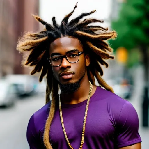 Prompt:  afro American young male with dreads, glasses, handsome, clear beautiful face, beard stub,  5 o'clock shadow, purple clothes, fighting pose


