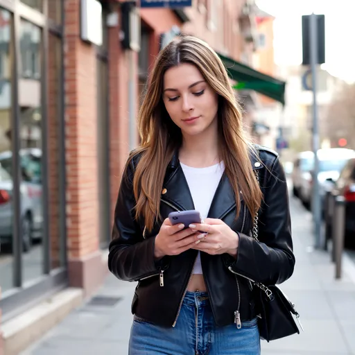 Prompt: Tall young woman walking down the high street, detailed clothing, realistic, natural lighting