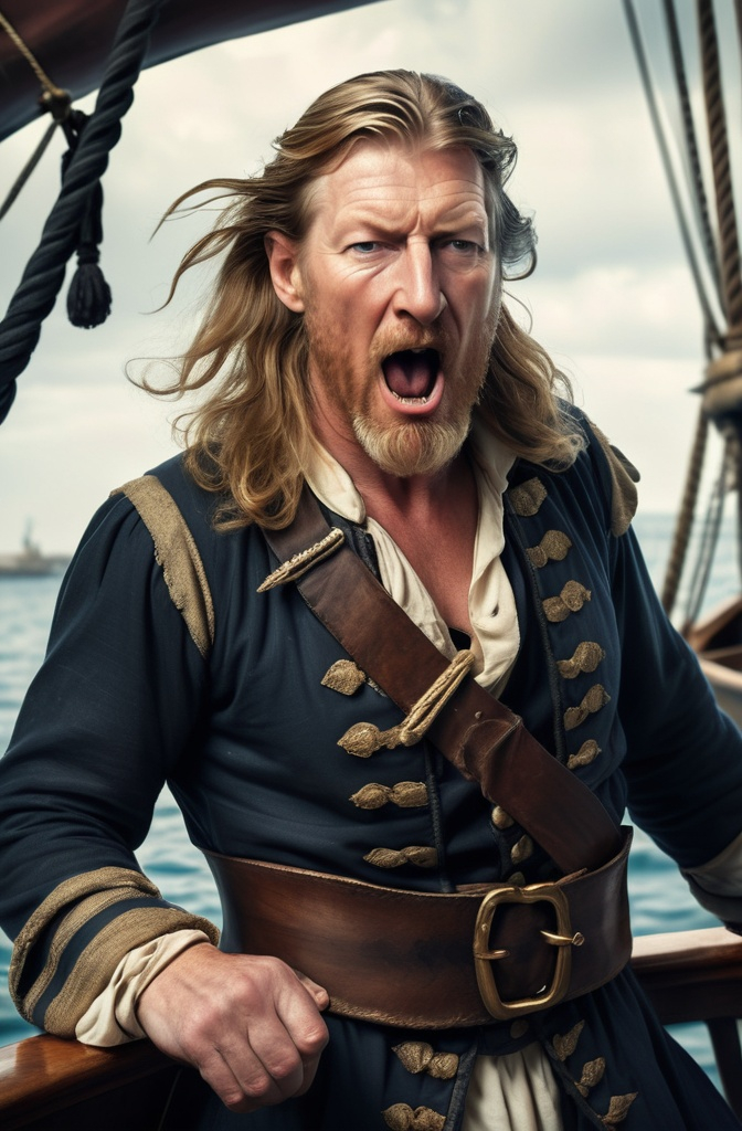 Prompt: angry man with visual features of actor David Wenham close mouth long beard  in a pirate costume and a boat in the background with a ship in the water, Antoine Le Nain, mannerism, peter konig, a character portrait