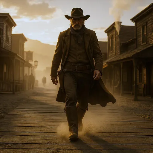 Prompt: A rugged cowboy strides confidently through the historic town of Barkerville, his weathered leather boots kicking up wisps of dust on the weathered wooden boardwalk. The sun hangs low in the sky, casting a warm golden glow that bathes the scene in nostalgic light, emphasizing the rustic charm of the 19th-century buildings, their wood exteriors weathered and painted in faded hues. The cowboy's brimmed hat casts a shadow over his rugged face, revealing a determined expression and a hint of weariness from long travels. In the background, the fading chatter of townsfolk and the soft clinking of horse hooves blend into a symphony of the past, while gentle wisps of smoke curl up from a nearby chimney, hinting at the warmth within. This scene captures the essence of an adventurous spirit in a cinematic, photorealistic style.