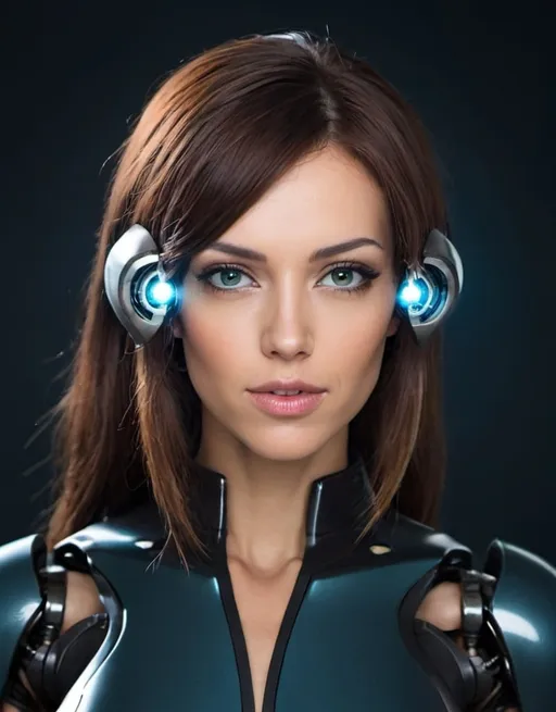 Prompt: create a futuristic half woman half robot
using the headshot of Kelly Fairchild