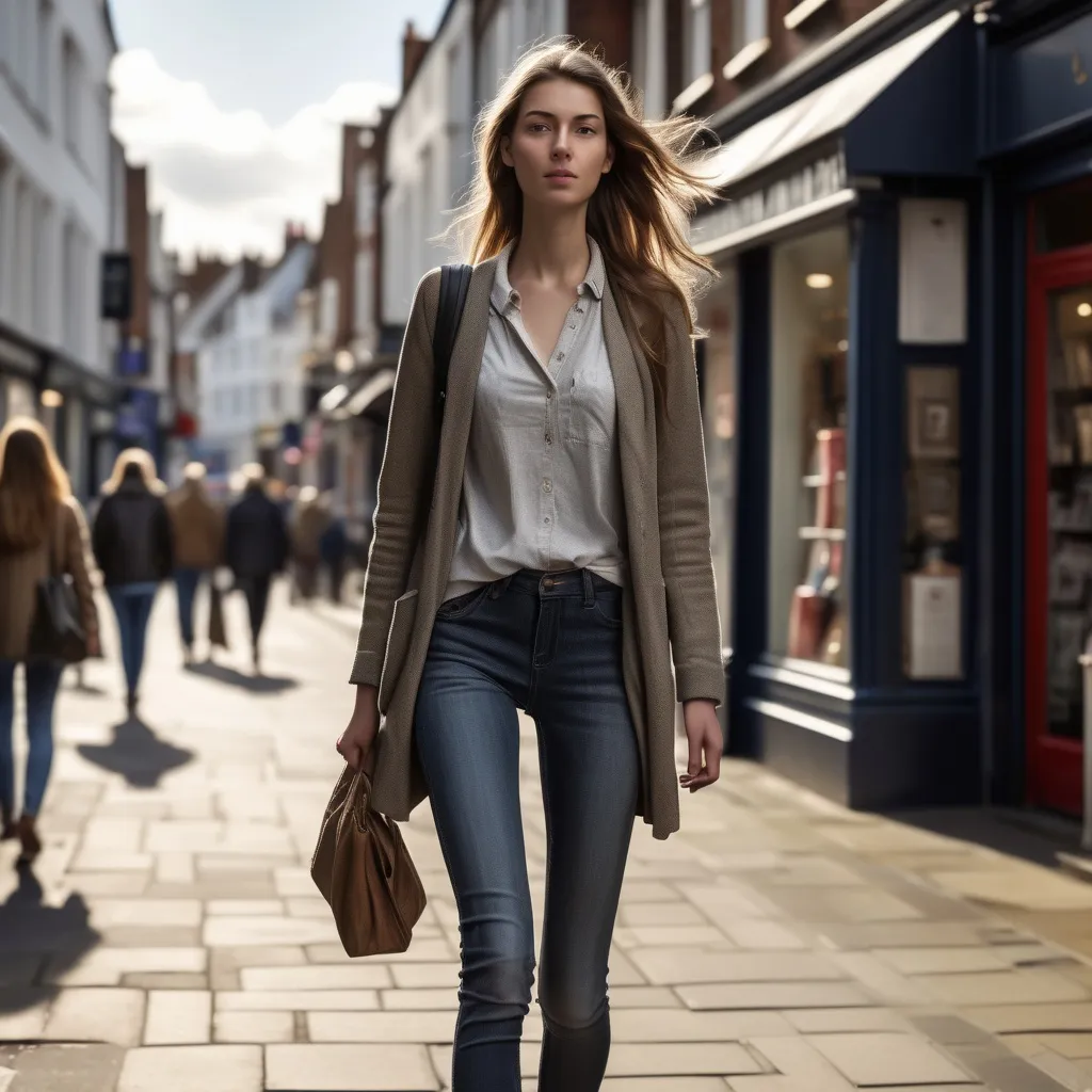 Prompt: Tall young woman walking down the high street, detailed clothing, realistic, natural lighting