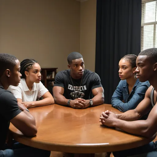 Prompt: A diverse group of young black  youth (men and women
)engage in a thoughtful discussion, sitting around a table. Their leader, Matthew, is dark, attractive, muscular, and wearing formal attire with his shirt folded on his muscular arms. Warm, natural lighting enhances the cozy atmosphere
