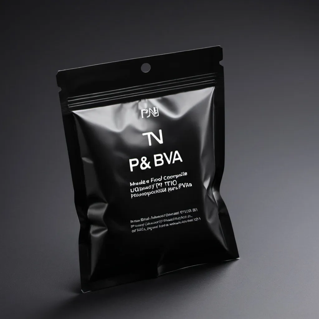 Prompt: Black food packet 
made of polymer nanocomposite consists of PANI/PVA/TiO2 and h-BN